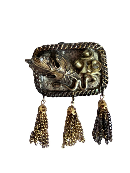 Antiqued Goldtone Rectangle Brooch Leaf and Flower Tassels 2"w x 2.75"l