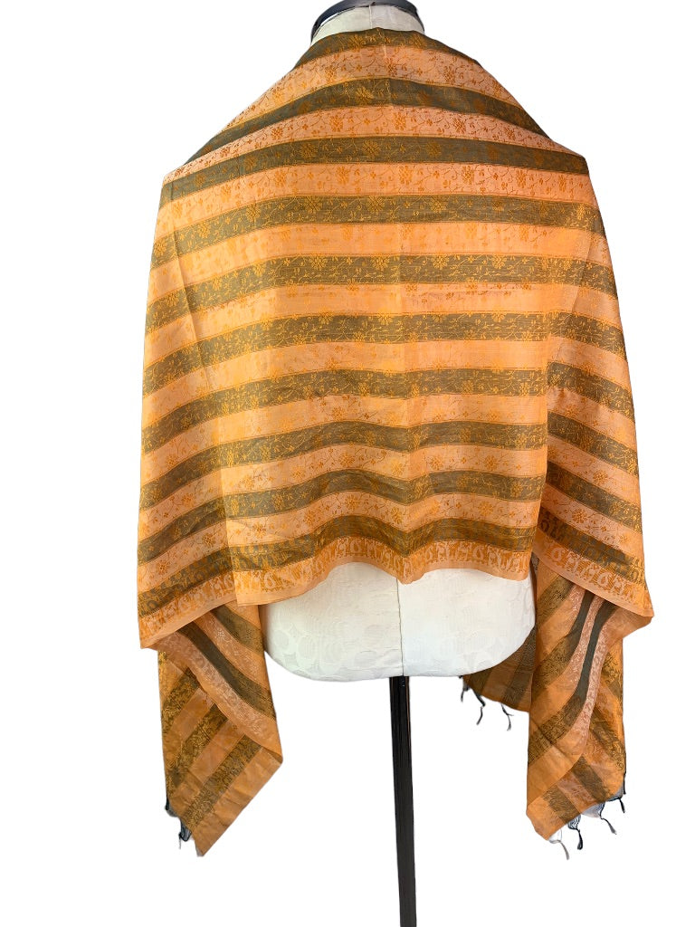 Orange Brown Stripe Fringed Shawl Scarf Lightweight 21" x 67" Floral