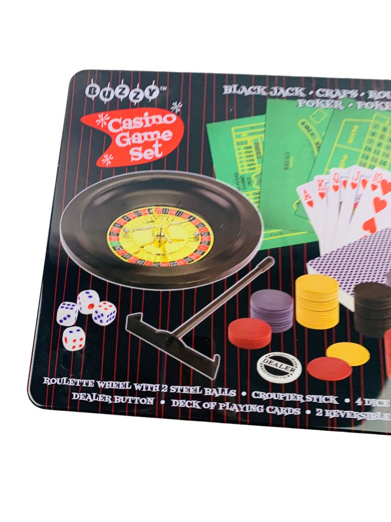 Buzzy Casino Game Set in Tin Black Jack Craps Roulette Poker Dice