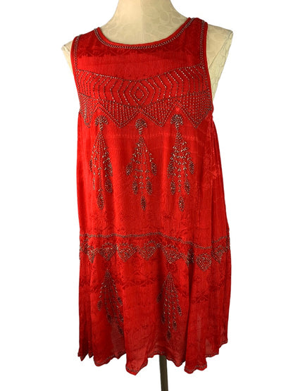 Medium Free People Red Layered Delilah Shift Mini Dress Beaded Sleeveless