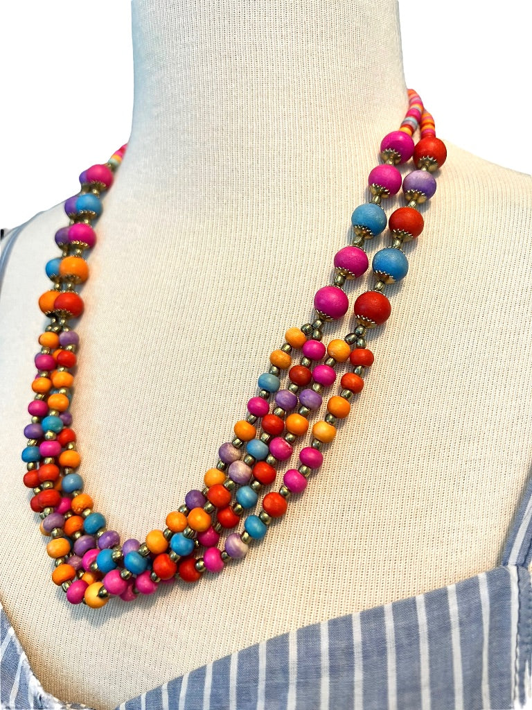 Multistrand Wooden Beaded Multicolor Bib Necklace Brasstone Beads 23.75"