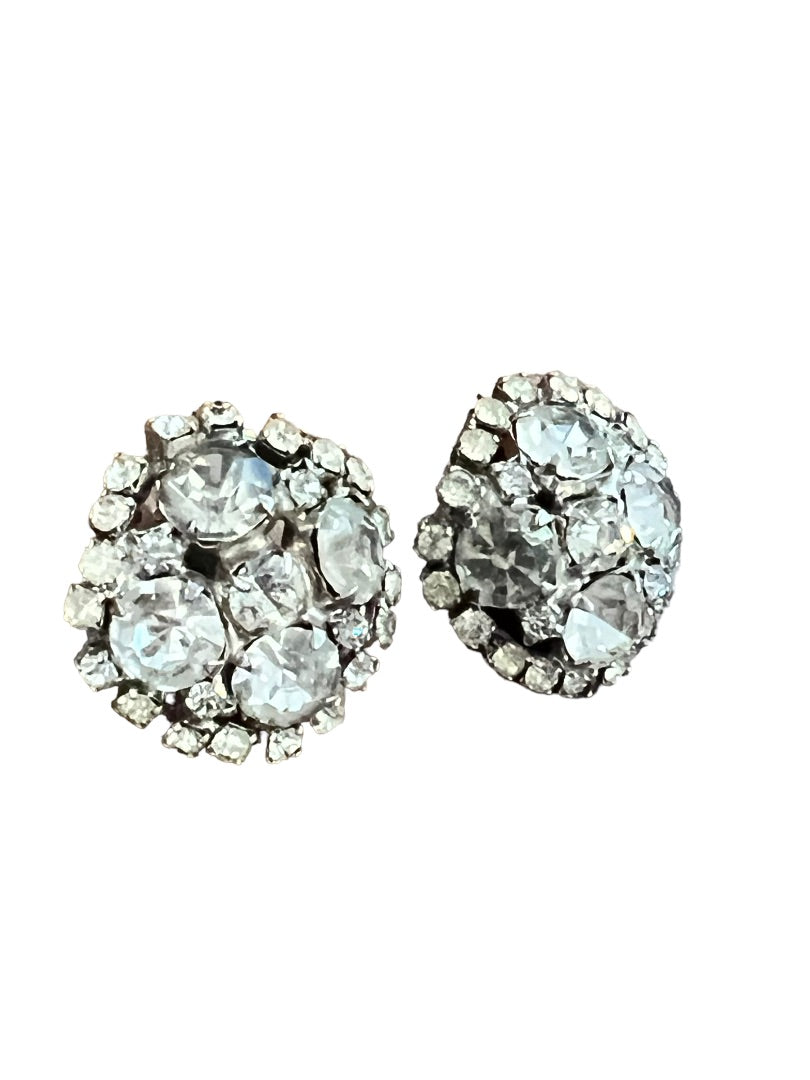 Vintage Formal Rhinestone Round Clip On Earrings Evening Bling