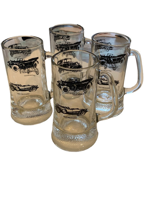 Set of 4 Glass Beer Mugs Antique Car Theme 12 oz  6 1/4"h