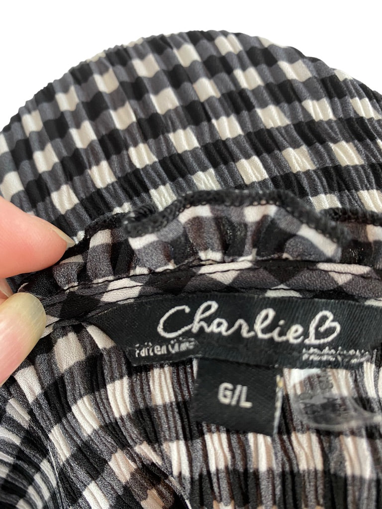 Large Charlie B. Women's Black White Gingham Flounce Blouse V-Neck