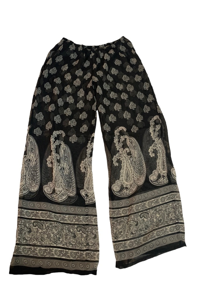 Small Raviya Women's Pull On Sheer Black Paisley Print Wide Leg Pants