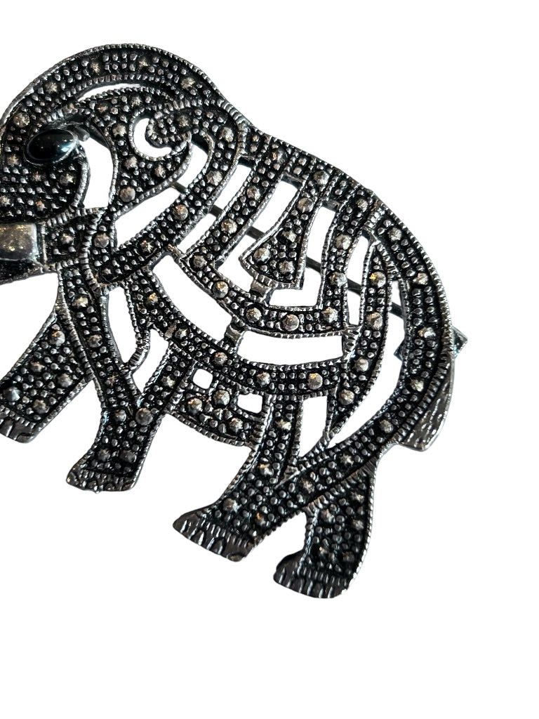 Vintage Lucky Elephant Silver Brooch 2" Trunk Up Stylized Texture