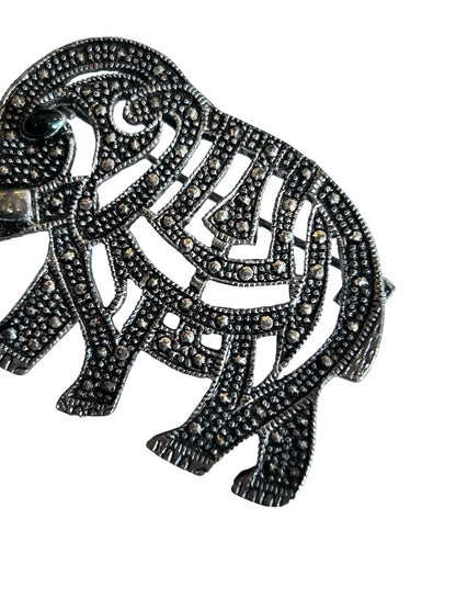 Vintage Lucky Elephant Silver Brooch 2" Trunk Up Stylized Texture