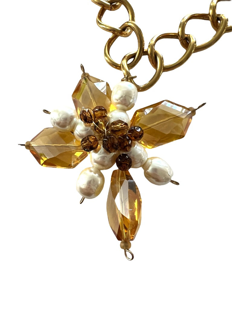 Kenneth Jay Lane Chunky Chain Necklace Flower Star Pendant Goldtone Toggle Clasp 16"