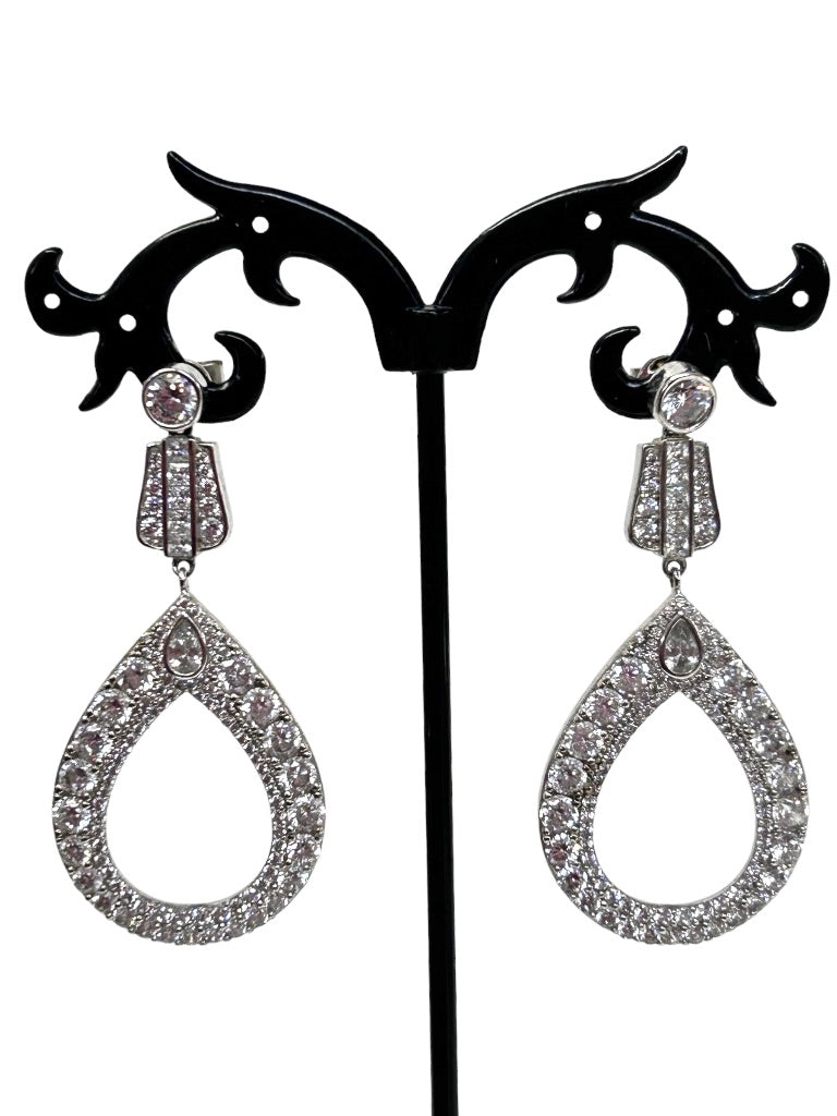 Rhinestone Teardop Earrings Silvertone 2" Drop Dangle Post Pierced Earrings