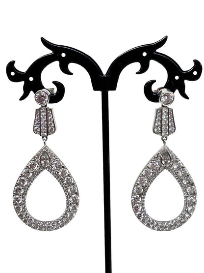Rhinestone Teardop Earrings Silvertone 2" Drop Dangle Post Pierced Earrings