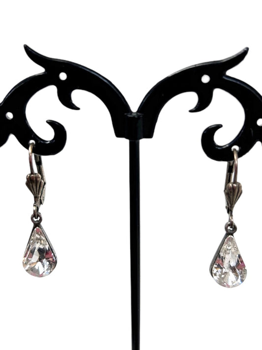 Teardrop Shape Clear Rhinestone Earrings Silvertone Earrings Leverback 1.25" Drop Dangle