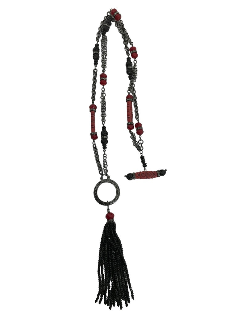 Black Beaded 35" Strand Necklace Red Accents Tassel 6.5" Dramatic