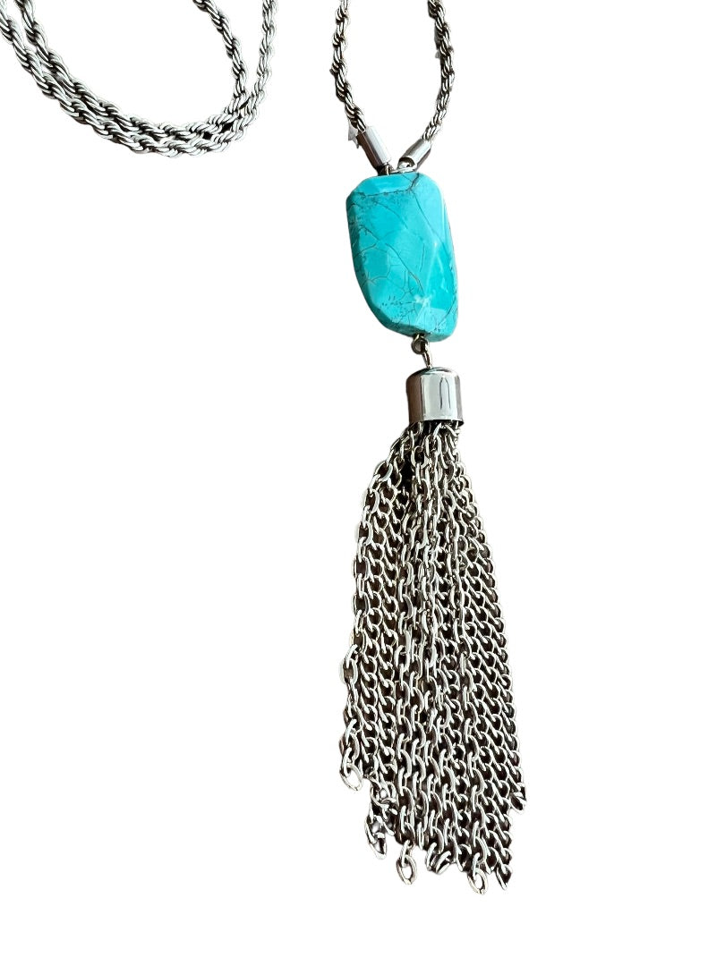 Faux Turquoise Lariat Tassle Necklace Silvertone Rope Chain 31" Long Plus 5" Drop of Tassle