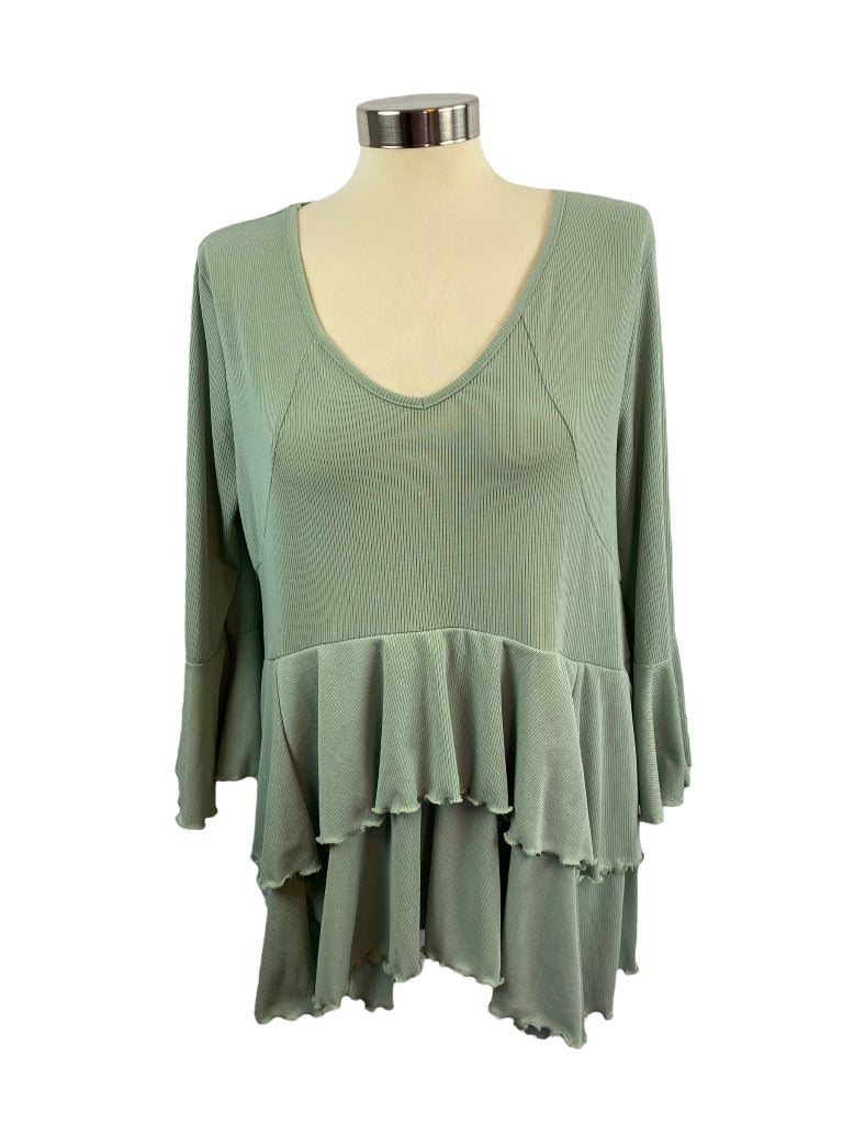 Large Andthewhy Women's Sage Green Pullover Ribbed Knit Top Tiered Ruffle