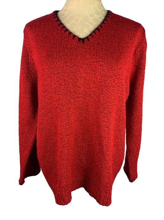 XL Stephanie Rogers Red Black V-Neck Women's Sweater Marled Knit