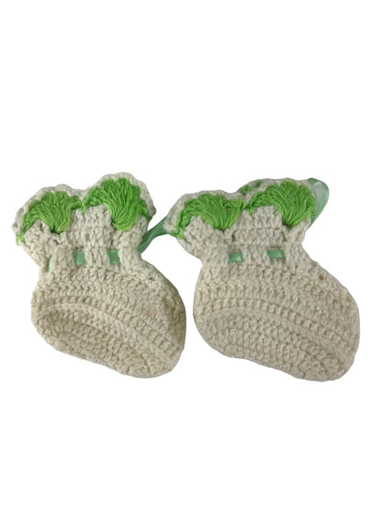 Vintage Crocheted Baby Booties White Green Trim Ribbon