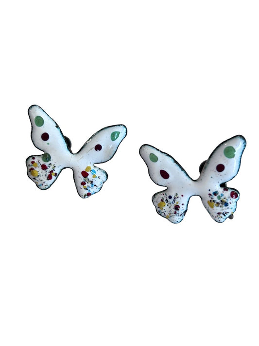 Vintage Enameled Butterfly Screwback Earrings Non-Pierced White Multicolor 1"