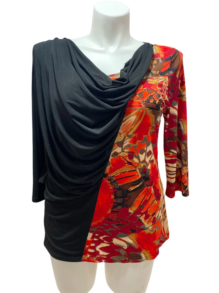 XL Cyrus Floral Red Black Drape Front Stretch Blouse NWT