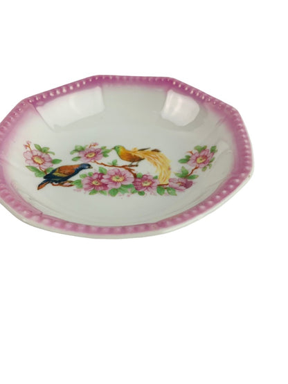 JK Unity Small Vintage Germany Bowl Pink Beaded Trim Bird Floral Design 4 3/4"d