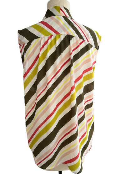 Nine West Sleeveless Blouse Necktie Diagonal Striped Greens Pinks Size Large