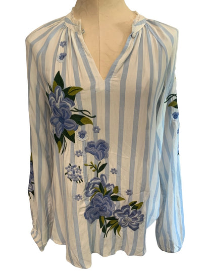 XS Akemi + Kim Anthropologie Women's Blue White Striped Embroidered Peasant Blouse