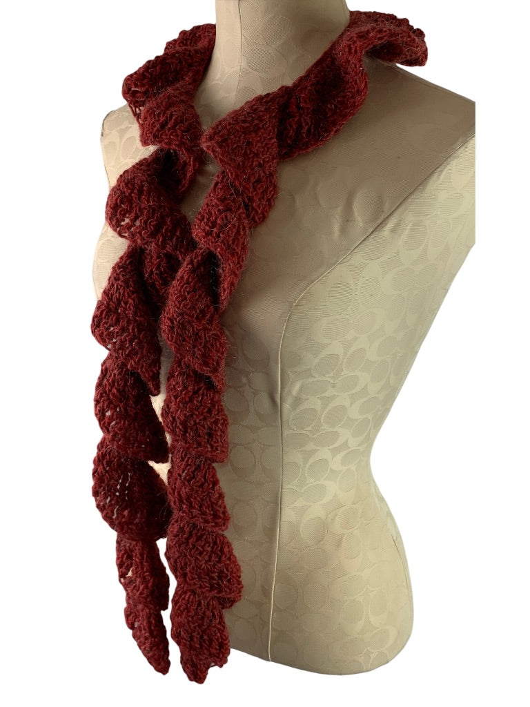 Flounce Crochet Ruffle Scarf Dark Red Fuzzy  57"