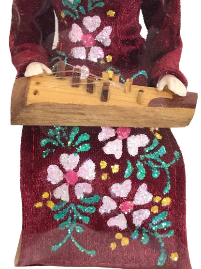 Traditional Vietnam 7" Doll Woman Playing Zither Yellow Hat Sitting