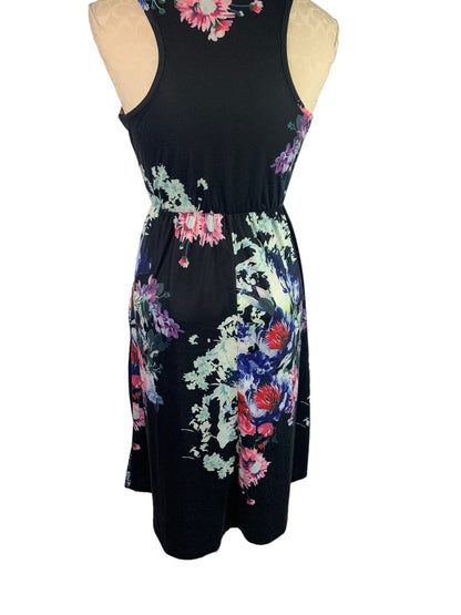 Small Ours Black Dress Sleeveless Jersey Knit Floral Pullover Pockets