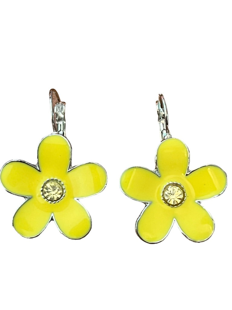 Silvertone Daisy Necklace Earring Set Yellow Enamel 21" - 24"