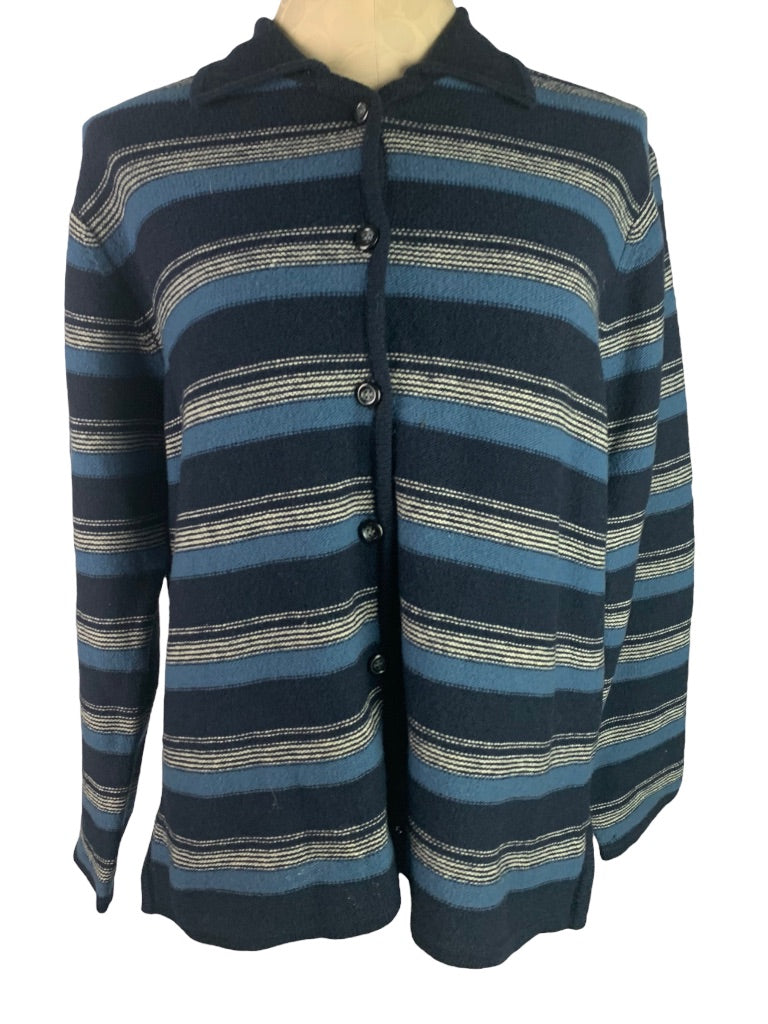 Large Pendleton Women's Blue Stripe Lambswool Cardigan Defect Collared Vintage 90s