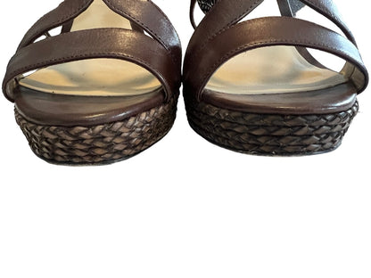 7.5 Kors Michael Kors Brown Wedge Sandal Leather With Braided Raffia Heels