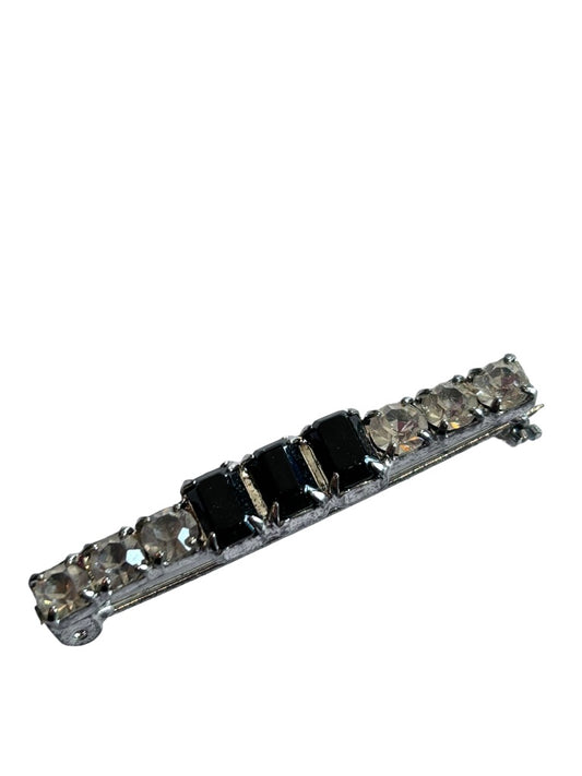 Vintage Rhinestone Bar Brooch Silvertone Clear Black 1.5"
