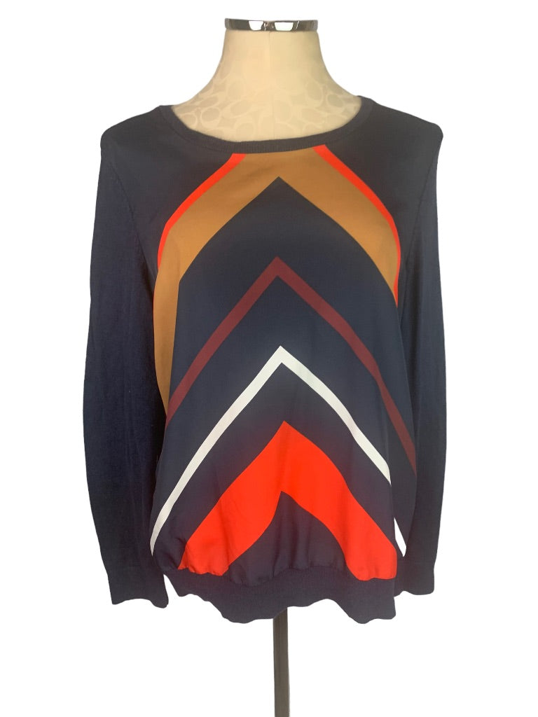 Large Tommy Hilfiger Women's Pullover Designer Print Mixed Fabric Sweater Navy Orange