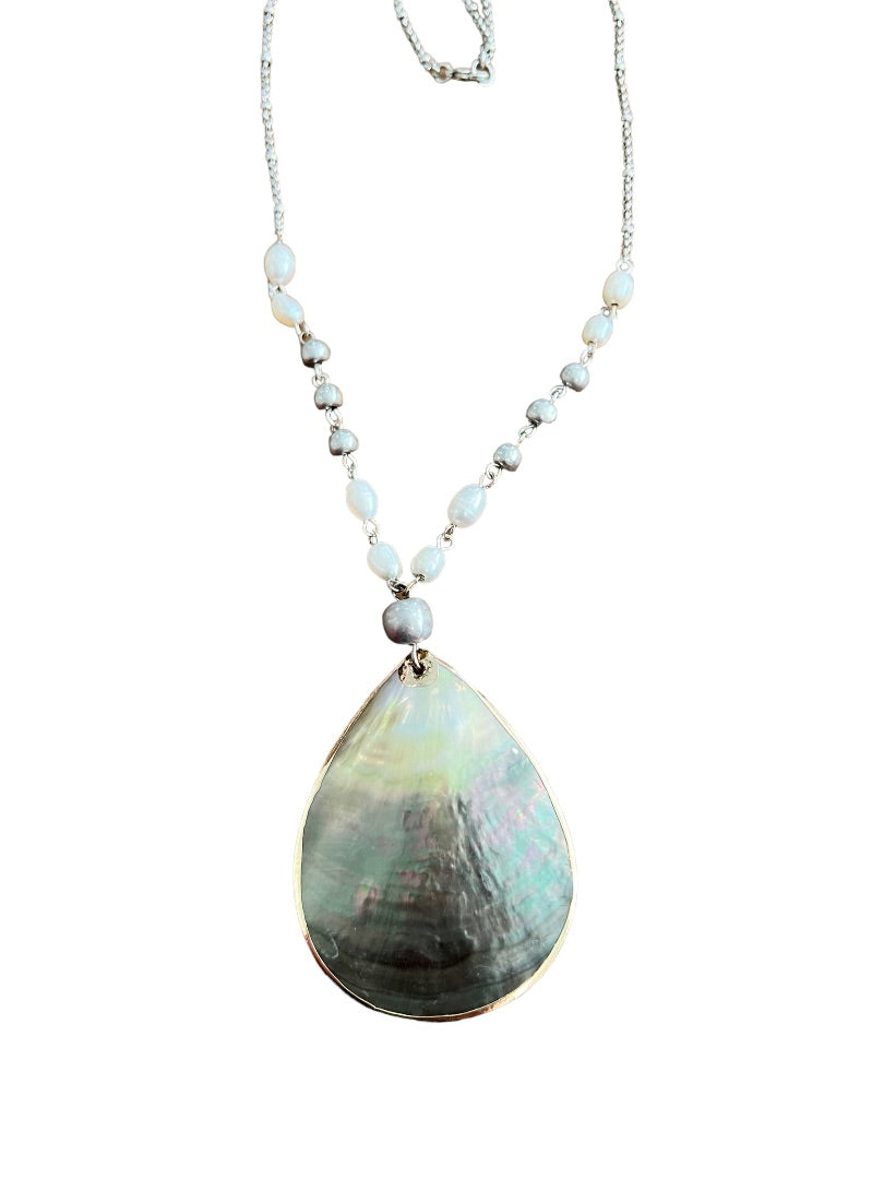 J. Jill Abalone and Pearl Pendant Mixed Metal Necklace  Long 34" + 2"