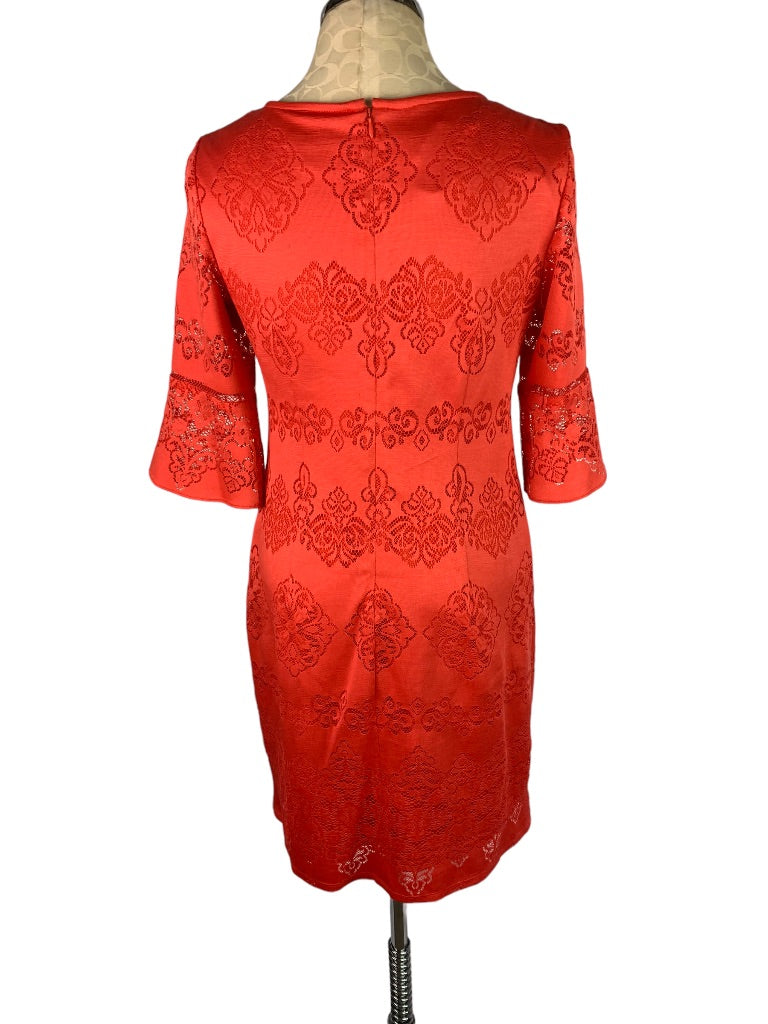 6 Dressbarn Bright Coral Stretch Lace Sheath Dress Bell Sleeve Back Zip