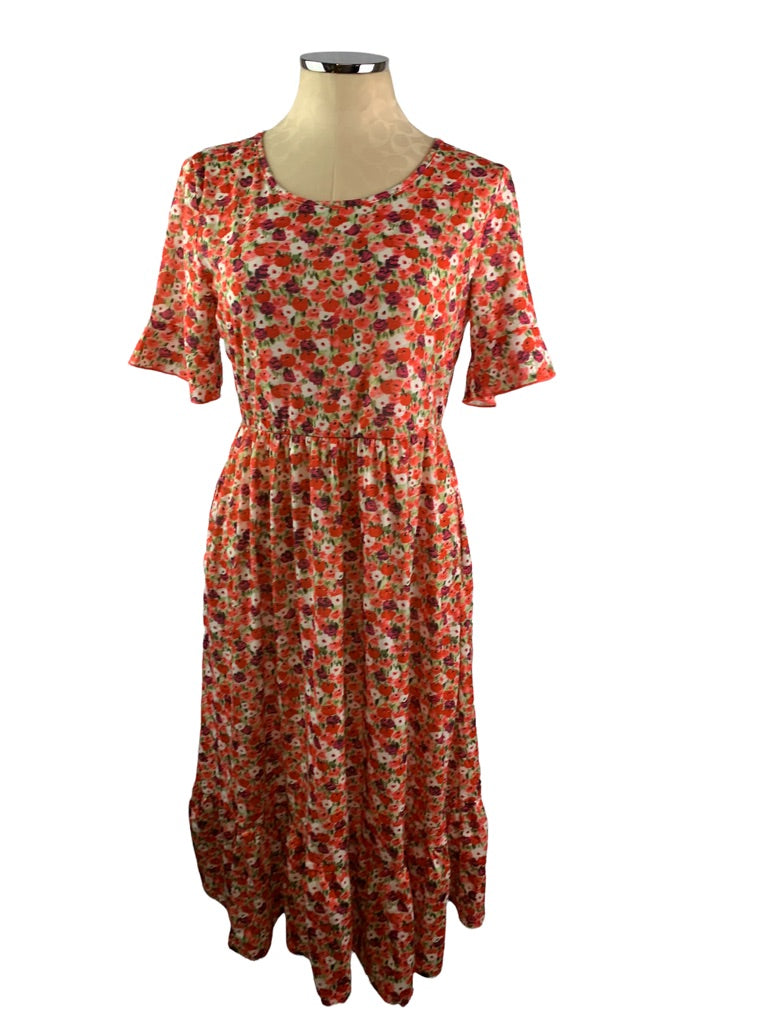 Medium Women's Floral Coral Print Tshirt Dress Midi Length Ruffle Hem