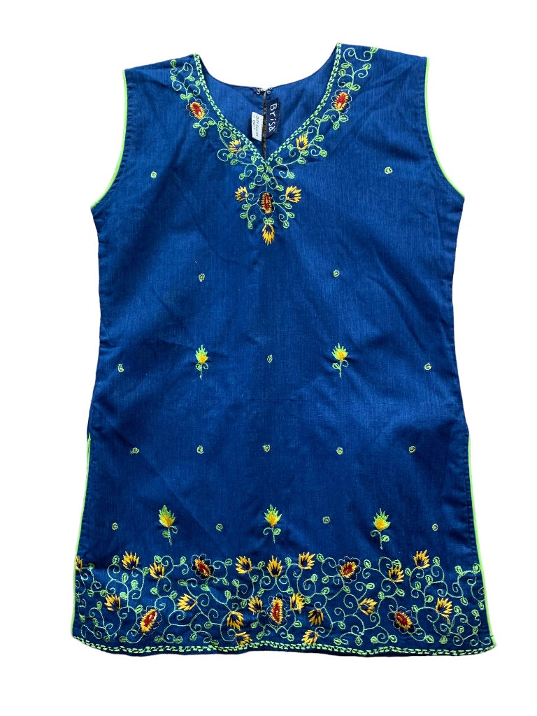 Medium Girls Brisa Blue Indian Style Top Blouse Sleeveless Embroidered Floral