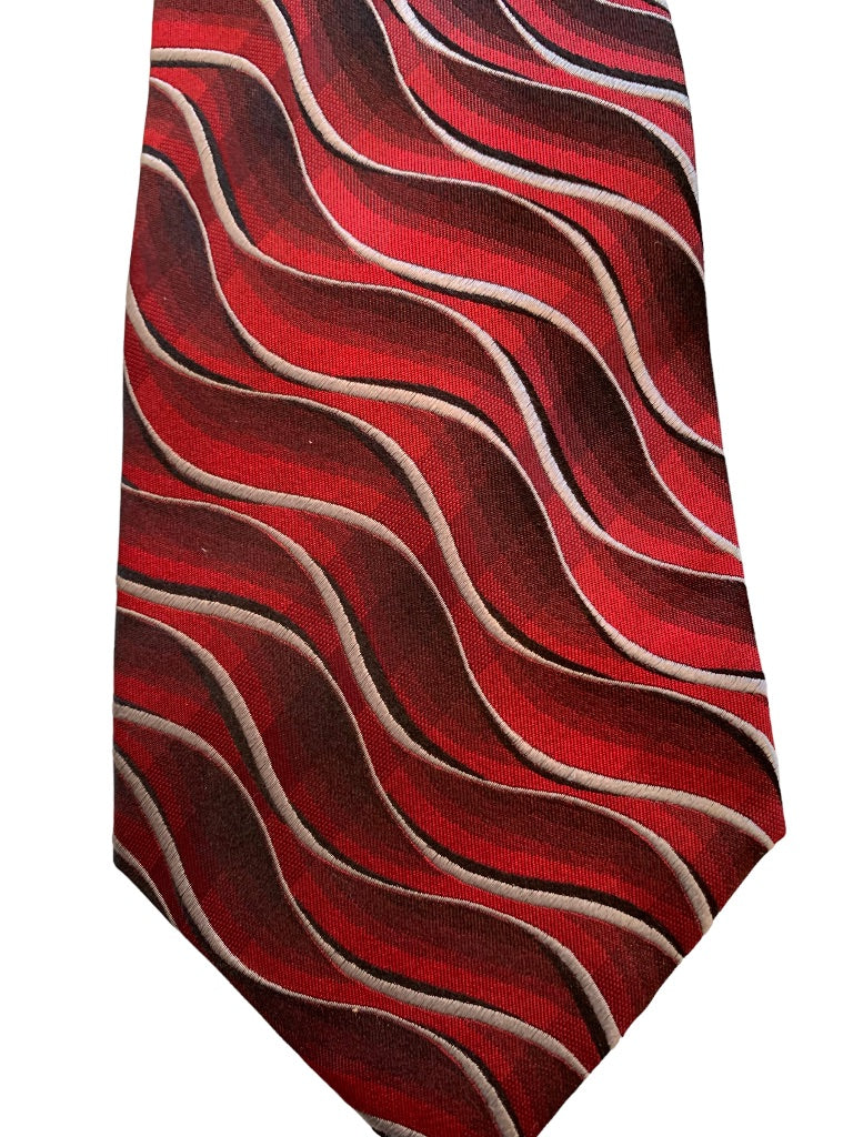 Van Heusen Men's 58" Necktie Tie 100% Silk Stain Resistant Red Gray Wave Pattern