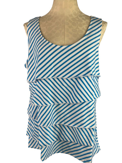 XL Antthony Originals Women's Tiered Jersey Knit Striped Blue White Sleeveless Shirt