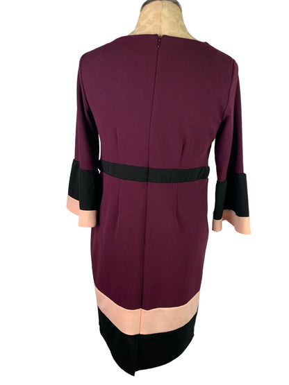 Small Petite NY Collection Purple Pink Color Block Dress Retro Style Bell Sleeve