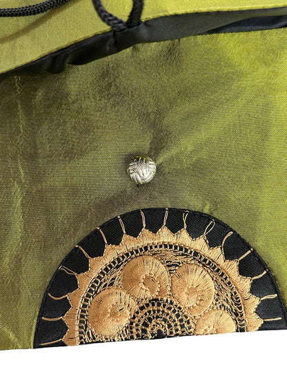 Green Gold Silky Crossbody Travel Bag Embroidered Dressy 6" x 8"