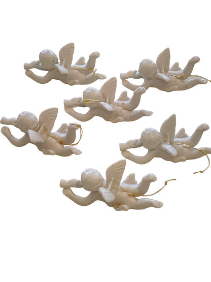 Vintage Ceramic Hanging Angel Ornaments Cherub New Old Stock Box of 6