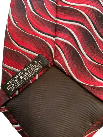 Van Heusen Men's 58" Necktie Tie 100% Silk Stain Resistant Red Gray Wave Pattern