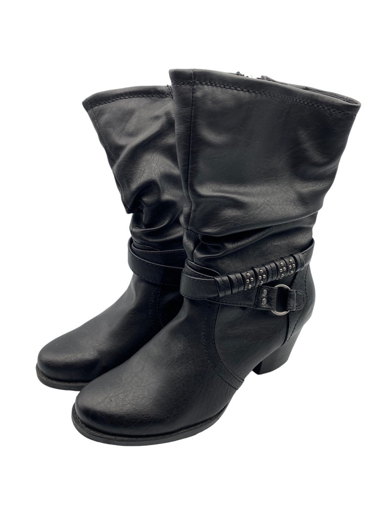 6.5M Bare Traps Women's "Reemona" Black Faux Leather Side Zip Boots 2" Block Heel