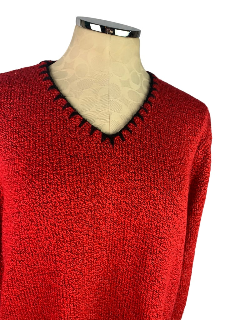 XL Stephanie Rogers Red Black V-Neck Women's Sweater Marled Knit