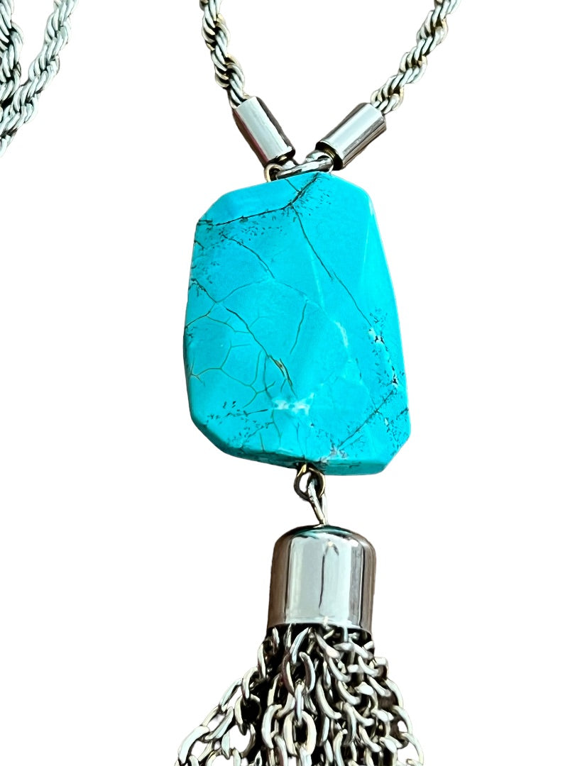 Faux Turquoise Lariat Tassle Necklace Silvertone Rope Chain 31" Long Plus 5" Drop of Tassle