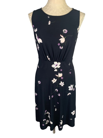 Medium Chaps Women's Floral Print Black Dress Sleeveless Tie Waist Back Zip