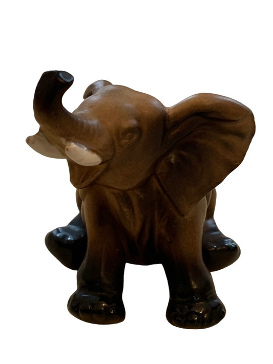 Vintage Lefton Elephant With trunk up Brown white black # H6980 3 3/4"