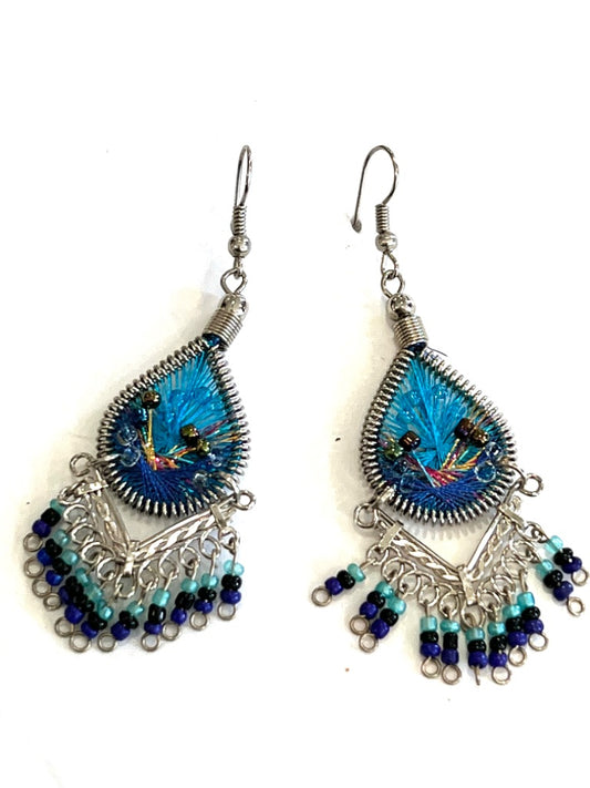 Stainless Steel Peruvian Blue & Turquoise Silk Thread Beaded Dangle Earrings