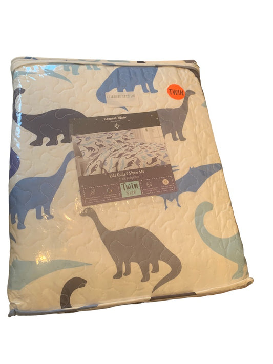 Home & Main Kids Quilt and Sham Set White Blue Dinosaur Pattern Twin Size